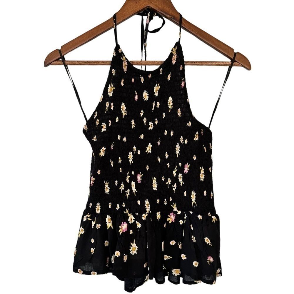 Patrons Of Peace Smocked Halter‎ Top Womens Small New Black Daisy Floral